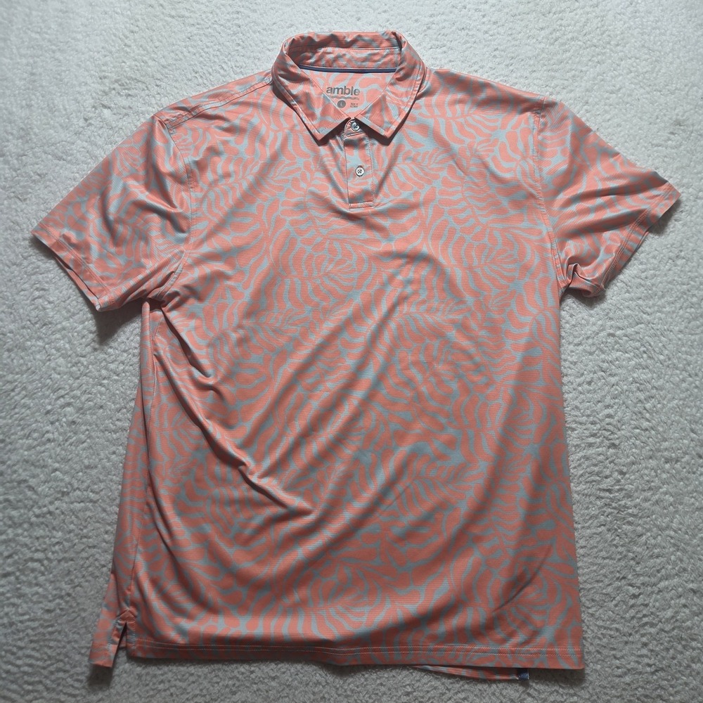 Amble Polo Shirt Mens Large Coral Grey Abstract Palm Leaf Performance Golf L